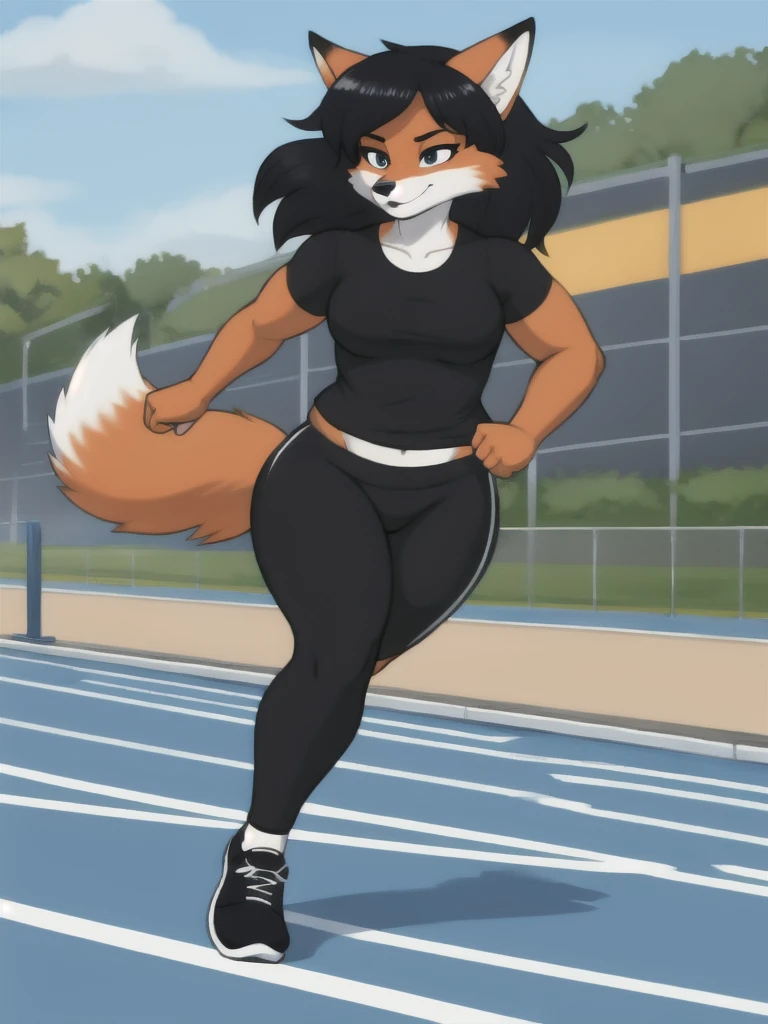 Furry, fox, female, black shirt, black leggings, shoes, running track, solo, full body