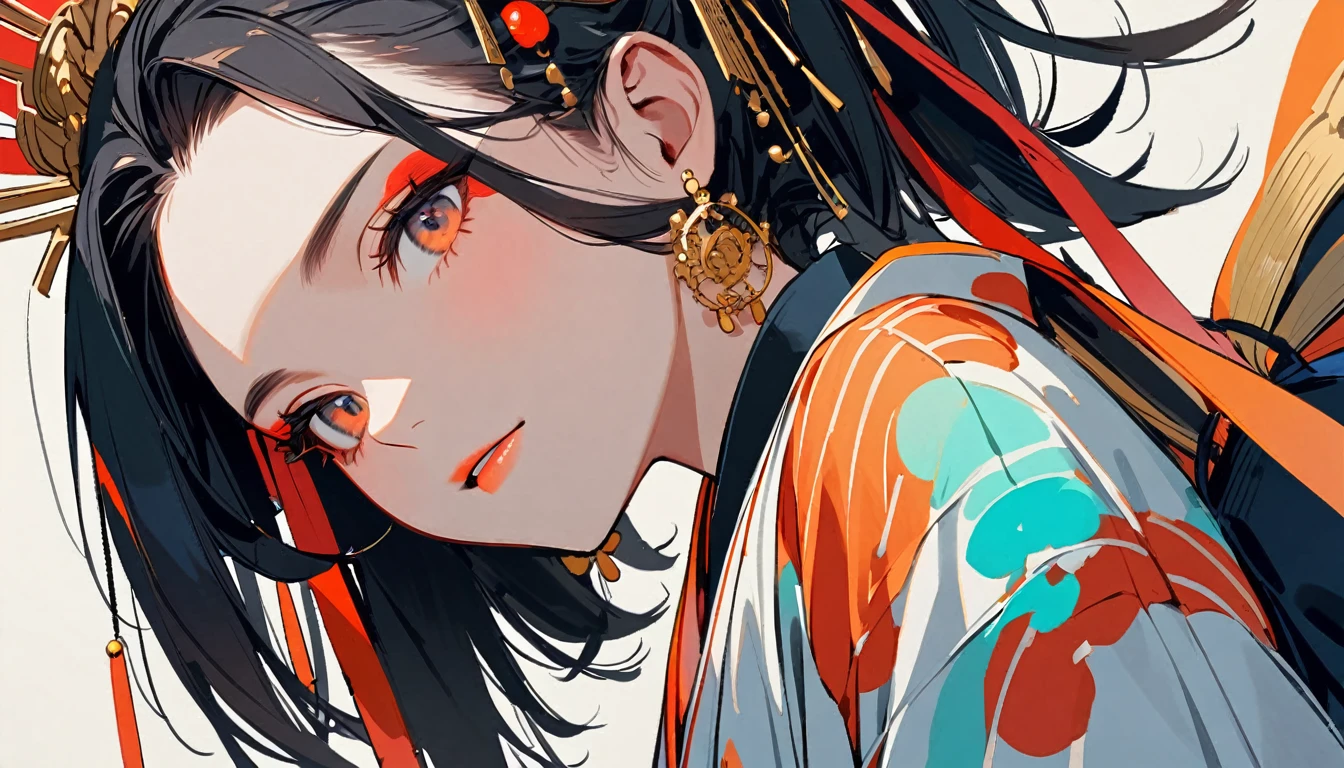 (((1 girl))), (((from below))), (((Very flashy hair accessories))), (((Very fancy kimono))), Japanese style headphones, face close-up, Japanese, Black Hair, Delicate and precise, Oiran, vivid color