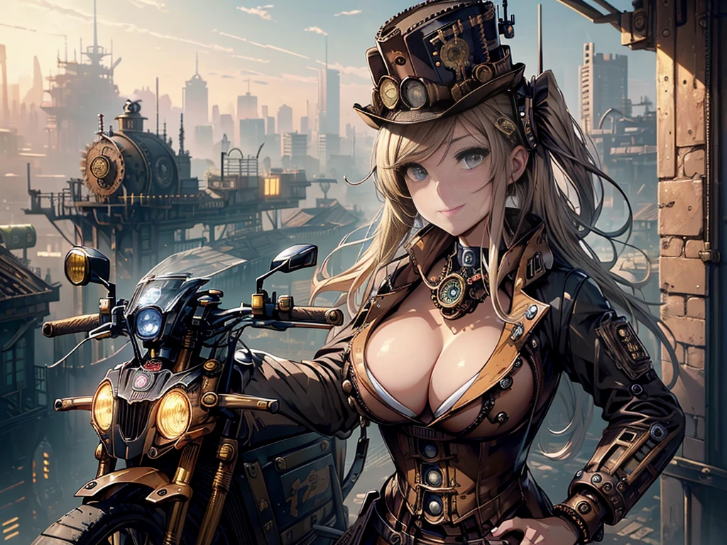 (Line art_anime),(Cowboy Shot, Highest quality, ),(Laura Budd Photos:1.2),(Laura Add details:1.0),8k, Flat Color:0.8,Dynamic Angle,1 girl,smile、(Steampunk bike ride:1.5)、An elaborately decorated bike、(Highly decorative and complex mechanical steampunk fashion, Lace flare dolphin hat、Goggles 1.5、machinery background、Gear background、An elaborately mechanized steampunk cityscape 1.5),