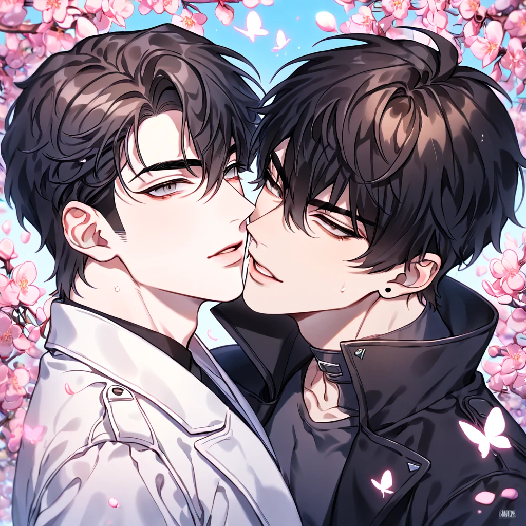 absurdres, highres, ultra detailed, HDR, master piece, best quality, extremely detailed face, delicated features, Kim Dokja & Yoo Joonghyuk, black hair, expressive gray eyes, Omniscient Reader's Viewpoint, black hair, expressive brown eyes, two men together, yaoi, gay couple, handsome, black coat, white coat, fantasy, magical, pink butterflies, spring, pink leaves, pink flowers, blossoms, blue sky, joongdok