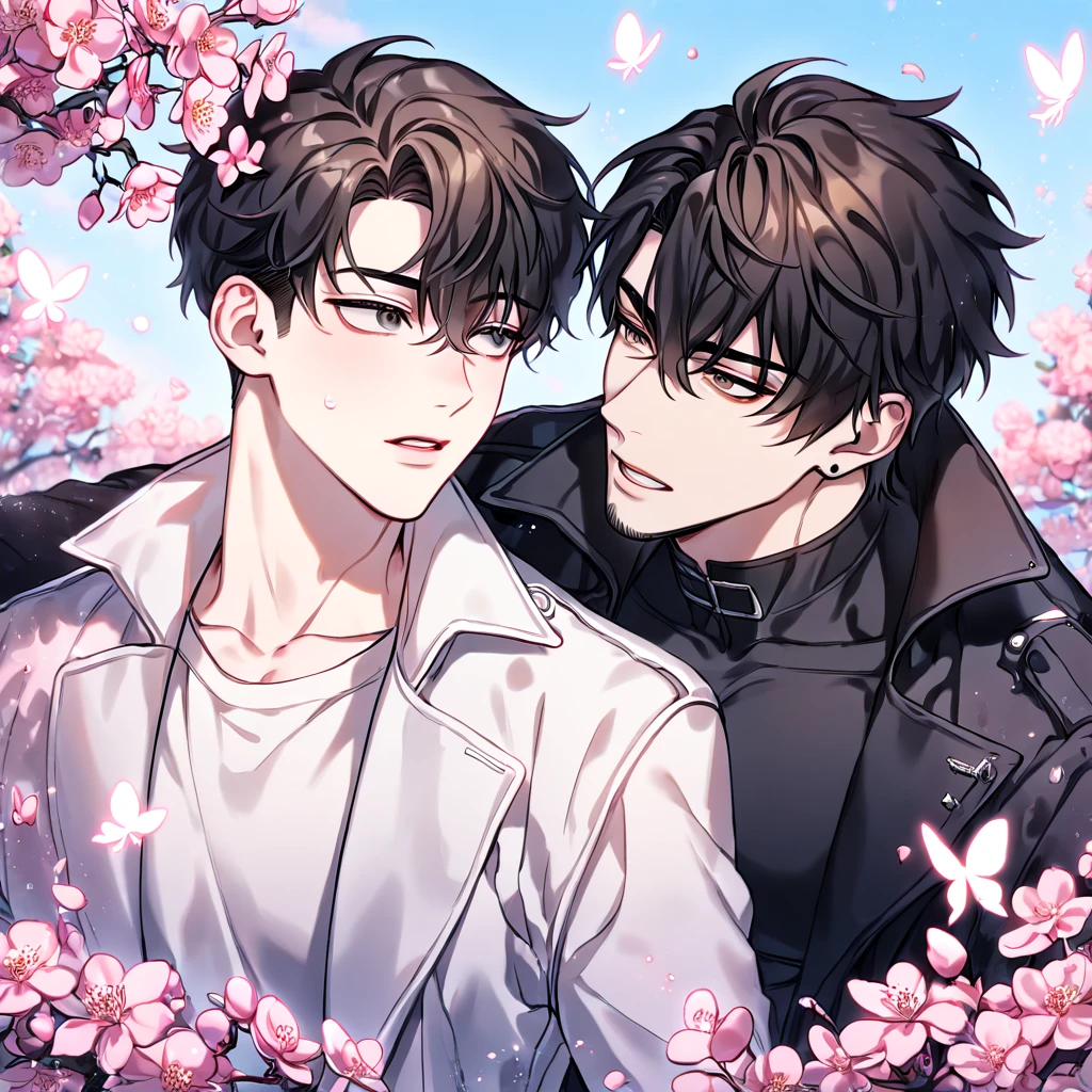 absurdres, highres, ultra detailed, HDR, master piece, best quality, extremely detailed face, delicated features, Kim Dokja & Yoo Joonghyuk, black hair, expressive gray eyes, Omniscient Reader's Viewpoint, black hair, expressive brown eyes, two men together, yaoi, gay couple, handsome, black coat, white coat, fantasy, magical, pink butterflies, spring, pink leaves, pink flowers, blossoms, blue sky, joongdok
