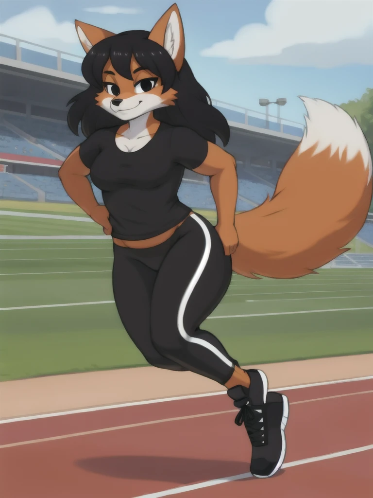 Furry, fox, female, black shirt, black leggings, shoes, running track, solo, full body