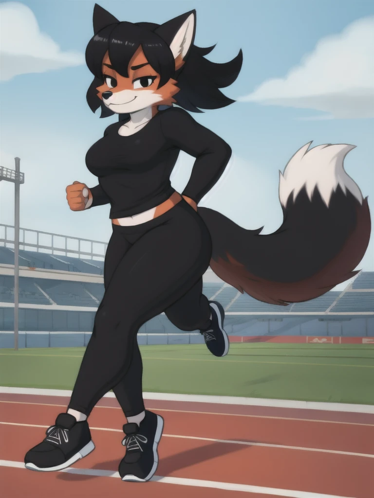 Furry, fox, female, black shirt, black leggings, shoes, running track, solo, full body