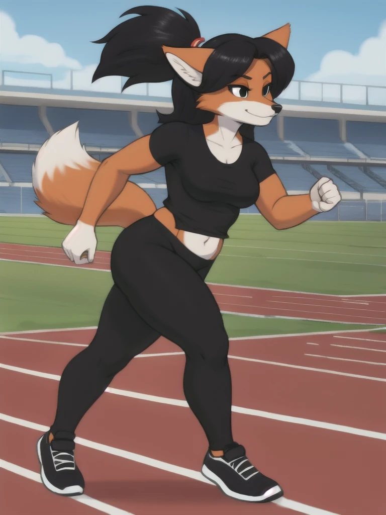 Furry, fox, female, black shirt, black leggings, shoes, running track, solo, full body