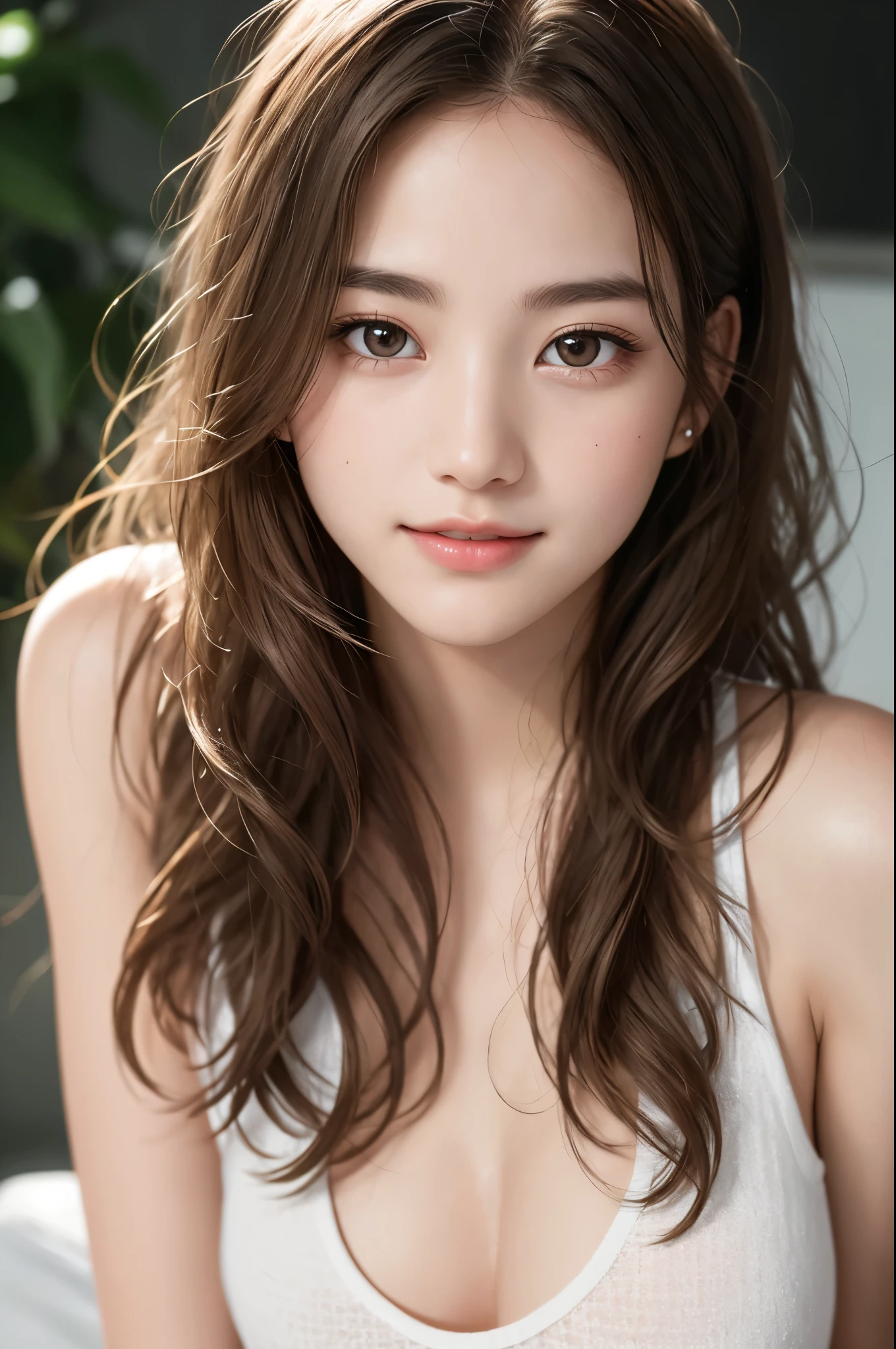 White tank top, Very detailed, 21 years old, Innocent face, Naturally Wavy Hair, High resolution, masterpiece, 最high quality, Intricate details, Very detailed, Clear focus, Delicate skin, practical skin texture, texture, Delicate eyes, Professional, 4K, Cute Smile, Shot with Canon, 85mm, Shallow and deep, Kodak Vision Color, that&#39;s right, Very detailedな, photograph_\(Extremist\), photographpractical, practical, Post-processing, Maximum details, Roughness, Real Life, Extremist practical, Photorealism, photographgraphy, 8kウルトラHD, photographgraphy, (最high quality、Tabletop、8k、Best image quality、Award-winning works)、(Red eyeshadow:1.2)、Perfect Makeup、Long eyelashes、超高精細のShine目、Ultra HD Hair、ultra High resolution glossy lips、Super High resolution perfect teeth、Super High resolution cute face、Black Hair、(Very short straight hair:1.1)、Look at me and smile、[clavicle]、Accurate anatomy、With bangs、超High resolutionのShine肌、The most detailed face、Ultra High resolution detailed faces、ultra High resolution hair、Fashion Model, 5, Perfect Eyes, Perfect Iris, Perfect Lips, Perfect Teeth, Perfect Skin, Soft Front Light, Shine, High resolution, (Soft colors: 1.2), 最high quality, a photographrealistic portrait of a stunningly beautiful woman without make-up, Very detailedな light hazel eyes, Symmetric, Realistically detailed face, Very detailedな natural texture, Peach fuzz, Messy Hair, masterpiece, Absurd, award winning photograph by lee jeffries, nikon d850 film stock photographgraph, Kodak Portra 400 Camera F1.6 Lenses, Very detailedな, wonderful, Finer details, Rich colors, hyper realistic lifelike texture, Dramatic lighting, Unreal Engine, Talked about at the art station, Cinestill 800 Tungsten, Looking at the audience, photograph realistic, RAW photograph, Tanveer Tamim, high quality, High resolution, Sharp focus, Very detailedな, Cinema Lighting, 8k uhd, Kneel, 