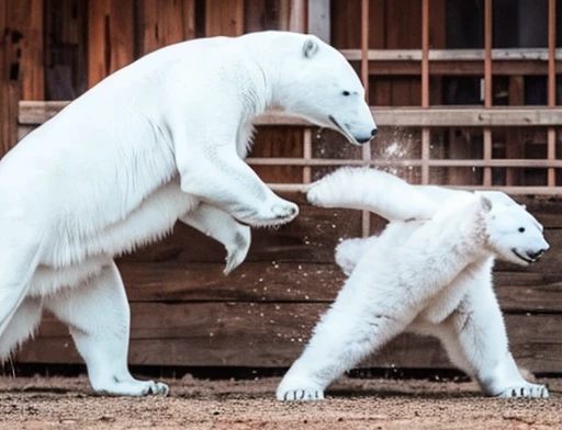 A frontal image of the moment of a polar bear attack on Expectador . The polar bear attacks the spectator with his binges, the bear is furious . Animal rage rage . He wears a very torn and torn leather blanket as primitive clothing.. He attacks , dynamic angle.