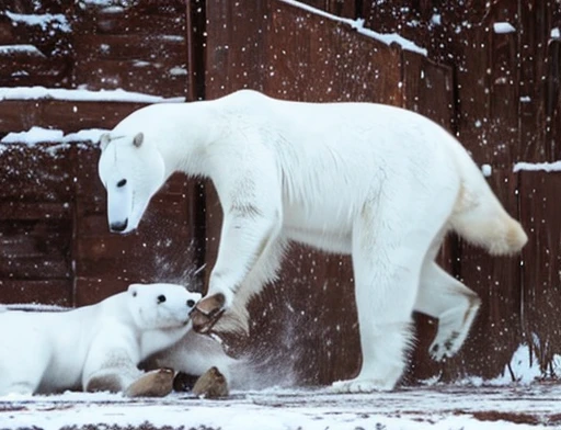 A frontal image of the moment of a polar bear attack on Expectador . The polar bear attacks the spectator with his binges, the bear is furious . Animal rage rage . He wears a very torn and torn leather blanket as primitive clothing.. He attacks , dynamic angle.