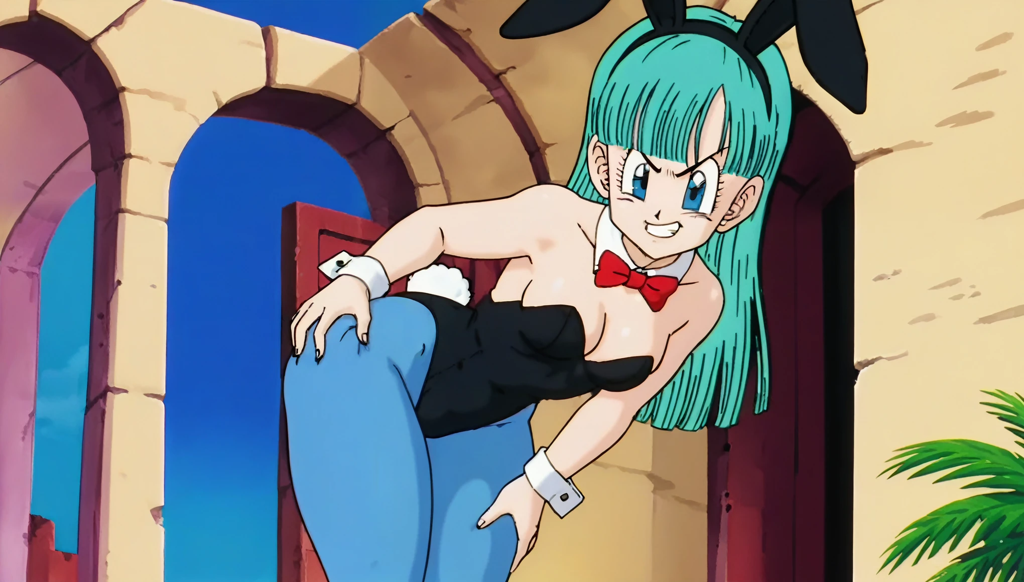 source_anime, score_9, score_8_up, score_7_up, anime screencap, bulma, 1girl, solo, breasts, looking at viewer, happy, long hair, aqua hair, fringe trim, blue eyes, standing up, ((black bunny suit)), sexy, ((blue pantyhose)), ruins, bunny ears, red bow tie , ((((thick thighs)))), ((ass grab)), (((suspicious grin))), ((ass)), ((dynamic pose)), bend over, ((((close up))))