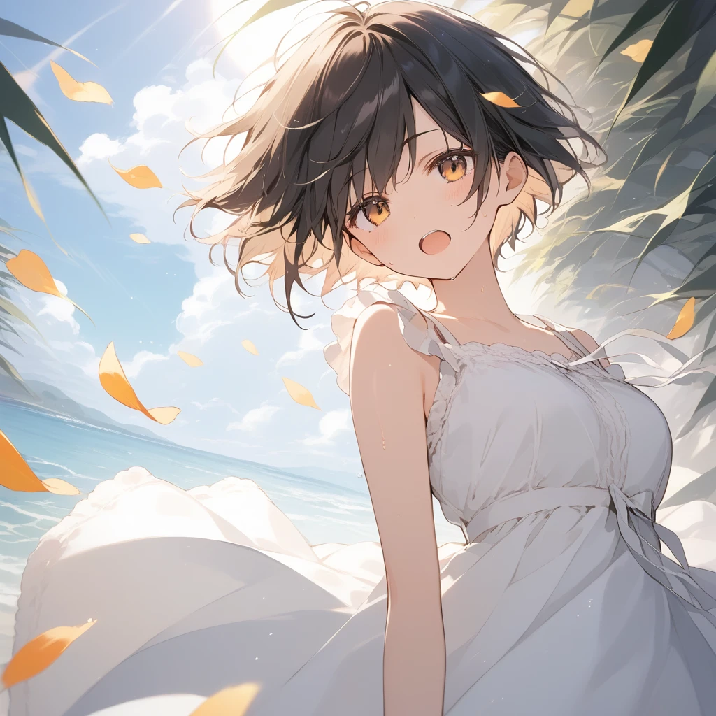 score_9, score_8_up, score_7_up, source_anime, best quality, masterpiece, official art, absurdres, highres, ultra-detailed,waifu2x,Collection: Slice of Life,break,1girl, tomboy, very short hair, pixie cut, breasts, beautiful detailed eyes, sun dress, beautiful detailed eyes, sweat, open mouth, (yawn:0.3), sleepily, outdoors, wind,break,(clear line illustration:1.2), super detailed skin,very high resolution, very aesthetic, Best sexual lighting powered by famous artist, 8k,cute picture,beauty illustration,photoshop_(medium),,(Detailed Lighting),best anime 8k konachan wallpaper, pixiv contest winner,
