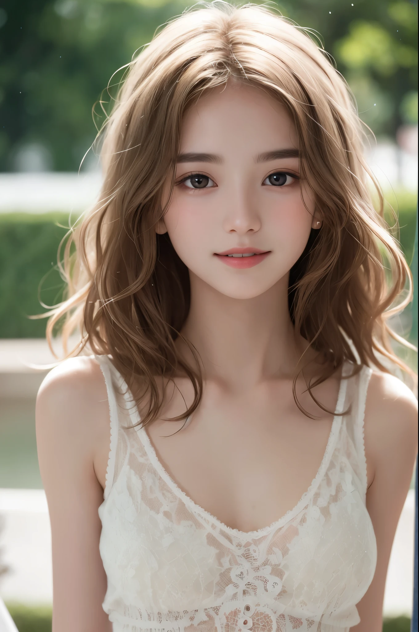 White tank top, Very detailed, 21 years old, Innocent face, Naturally Wavy Hair, High resolution, masterpiece, 最high quality, Intricate details, Very detailed, Clear focus, Delicate skin, practical skin texture, texture, Delicate eyes, Professional, 4K, Cute Smile, Shot with Canon, 85mm, Shallow and deep, Kodak Vision Color, that&#39;s right, Very detailedな, photograph_\(Extremist\), photographpractical, practical, Post-processing, Maximum details, Roughness, Real Life, Extremist practical, Photorealism, photographgraphy, 8kウルトラHD, photographgraphy, (最high quality、Tabletop、8k、Best image quality、Award-winning works)、(Red eyeshadow:1.2)、Perfect Makeup、Long eyelashes、超高精細のShine目、Ultra HD Hair、ultra High resolution glossy lips、Super High resolution perfect teeth、Super High resolution cute face、Black Hair、(Very short straight hair:1.1)、Look at me and smile、[clavicle]、Accurate anatomy、With bangs、超High resolutionのShine肌、The most detailed face、Ultra High resolution detailed faces、ultra High resolution hair、Fashion Model, Age 25, Perfect Eyes, Perfect Iris, Perfect Lips, Perfect Teeth, Perfect Skin, Soft Front Light, Shine, High resolution, (Soft colors: 1.2), 最high quality, a photographrealistic portrait of a stunningly beautiful woman without make-up, Very detailedな light hazel eyes, Symmetric, Realistically detailed face, Very detailedな natural texture, Peach fuzz, Messy Hair, masterpiece, Absurd, award winning photograph by lee jeffries, nikon d850 film stock photographgraph, Kodak Portra 400 Camera F1.6 Lenses, Very detailedな, wonderful, Finer details, Rich colors, hyper realistic lifelike texture, Dramatic lighting, Unreal Engine, Talked about at the art station, Cinestill 800 Tungsten, Looking at the audience, photograph realistic, RAW photograph, Tanveer Tamim, high quality, High resolution, Sharp focus, Very detailedな, Cinema Lighting, 8k uhd, Kneel, 