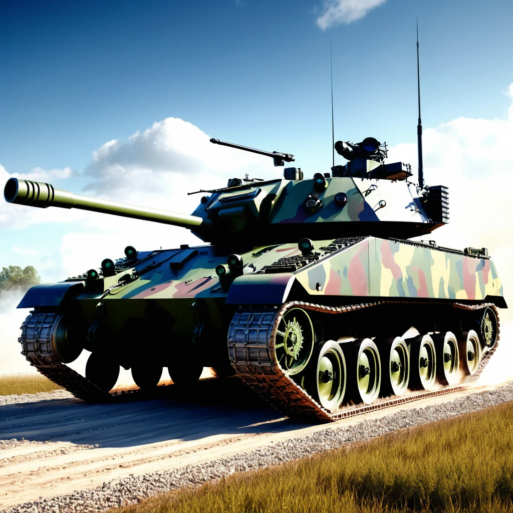 stylish next-generation tank, 3D CG concept art, low profile turret with 130mm barrel,remote-controlled machine gun for missile interception,early warning radar integrated into turret, smoke discharger, wide flat chassis with driver's porthole, wide tracks with rubber pads, wavy side skirts covering sprockets and idlers, Nordic camouflage paint, tanks racing across open field, (best quality,4k,8k,highres,masterpiece:1.2),ultra-detailed,(realistic,photorealistic,photo-realistic:1.37),concept art, highly detailed machinery, dynamic scene, vivid colors, cinematic lighting、Cinematic ww2 style