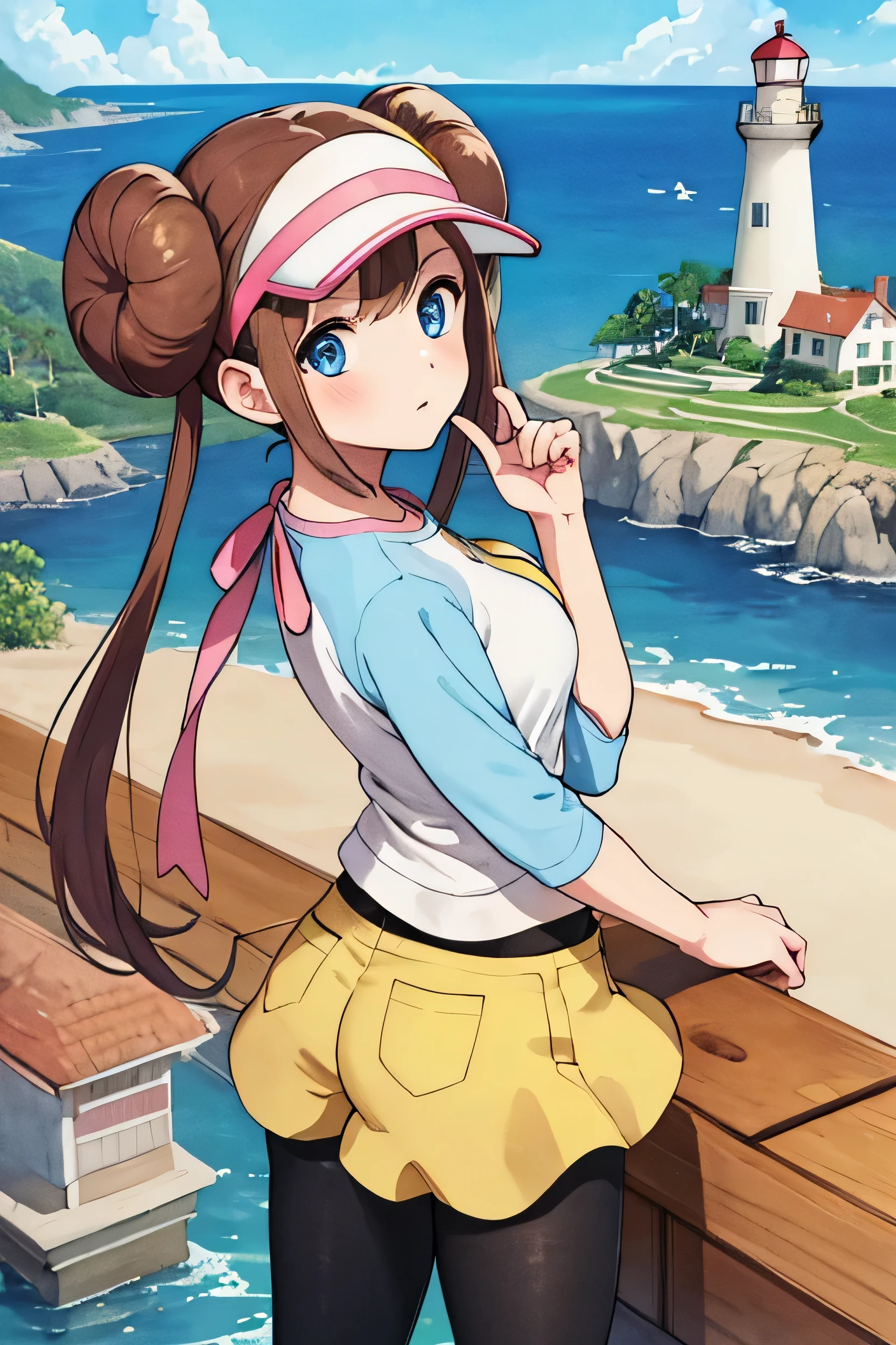 masterpiece, Highest quality, High resolution, B1 class, Hair Bun, blue eyes, Twin tails, Visor Cap, pantyhose, Raglan sleeves, Yellow shorts, shirt, Pink Ribbon, clock, whole body, Ocean Fantasy, Watercolor illustration, Whimsical, Warm colors, village, Home, Huge lighthouse, ((masterpiece)), Highly detailed environments