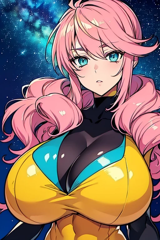 (masterpiece, top quality), (medium),official art, beautiful and aesthetic:1.2),(feldt:1.3), (fractal art:1.3), gundam00, pink hair, ((yellow bodysuit)), from side, (slendered abs:1.2), looking at viewer,(((starry sky))), stars in the background,((black gloves)),((gigantic breasts:1.5)), (drill hair),((ultra detail eyes:1.5)),((extremely detailed CG unity 8k wallpaper,masterpiece, best quality)), ((ultra-detailed:1.5)),(best illumination, best shadow, an extremely delicate and beautiful),(extremely detailed CG unity 8k wallpaper,masterpiece, best quality, ultra-detailed),(best illumination,  best shadow, an extremely delicate and beautiful),(masterpiece), digital art, otherworldly, a burst of color, explosive energy, chaotic beauty, (hair flowing:1.2, hair glowing), (background: broken, shattered, fractured), (light: flickering, pulsating, radiating).