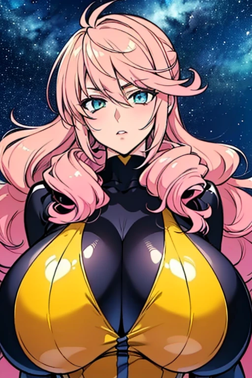 (masterpiece, top quality), (medium),official art, beautiful and aesthetic:1.2),(feldt:1.3), (fractal art:1.3), gundam00, pink hair, ((yellow bodysuit)), from side, (slendered abs:1.2), looking at viewer,(((starry sky))), stars in the background,((black gloves)),((gigantic breasts:1.5)), (drill hair),((ultra detail eyes:1.5)),((extremely detailed CG unity 8k wallpaper,masterpiece, best quality)), ((ultra-detailed:1.5)),(best illumination, best shadow, an extremely delicate and beautiful),(extremely detailed CG unity 8k wallpaper,masterpiece, best quality, ultra-detailed),(best illumination,  best shadow, an extremely delicate and beautiful),(masterpiece), digital art, otherworldly, a burst of color, explosive energy, chaotic beauty, (hair flowing:1.2, hair glowing), (background: broken, shattered, fractured), (light: flickering, pulsating, radiating).