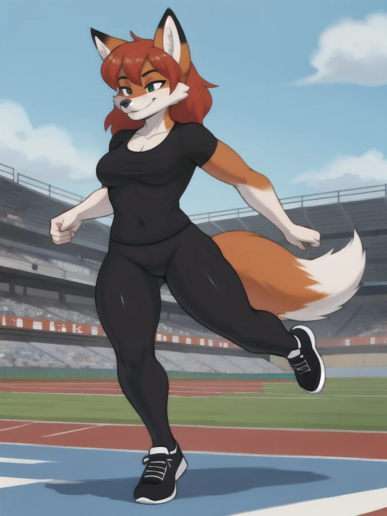 Furry, fox, female, black shirt, black leggings, shoes, running track, solo, full body