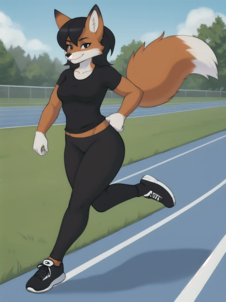 Furry, fox, female, black shirt, black leggings, shoes, running track, solo, full body
