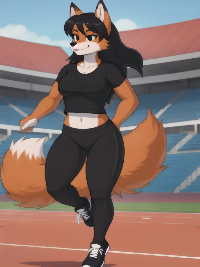 Furry, fox, female, black shirt, black leggings, shoes, running track, solo, full body