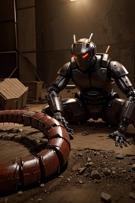 Intense scenes of The Centipede using his robotic skills to aid Builder, fighting off enemies, and uncovering secrets