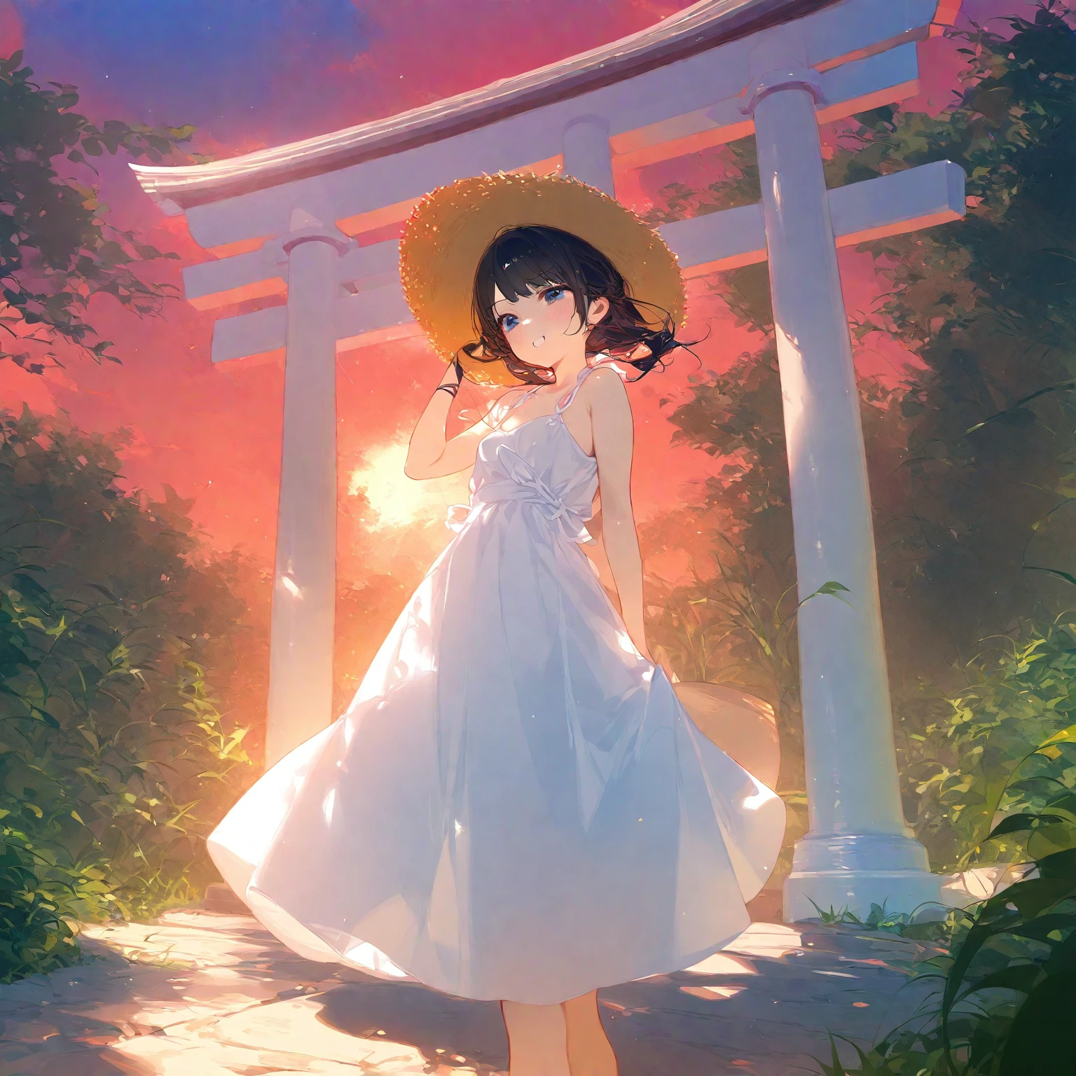 score_9, score_8_up, score_7_up, score_6_up, score_5_up, score_4_up, masterpiece, best quality, source_anime,2D、flat、1girl, black hair,long hair、hair is frizzy　straw hat、****、white dress、red sky、 japanese forest、turn around、Torii, summer、backlighting、shadow、upskirt、dusk、deep shadows:1.2