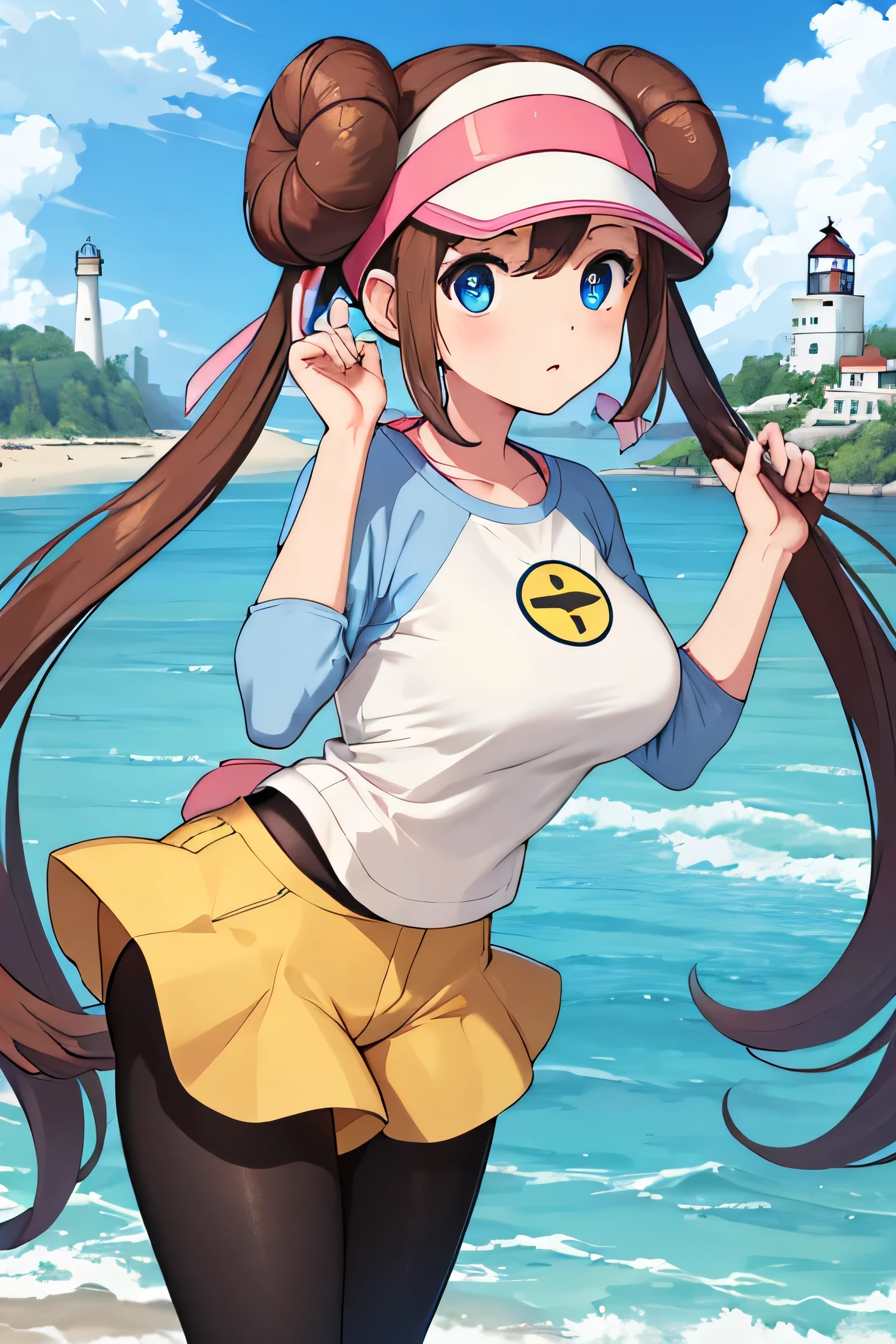 masterpiece, Highest quality, High resolution, B1 class, Hair Bun, blue eyes, Twin tails, Visor Cap, pantyhose, Raglan sleeves, Yellow shorts, shirt, Pink Ribbon, clock, whole body, Ocean Fantasy, Whimsical, Warm colors, village, Home, Huge lighthouse, ((masterpiece)), Highly detailed environments