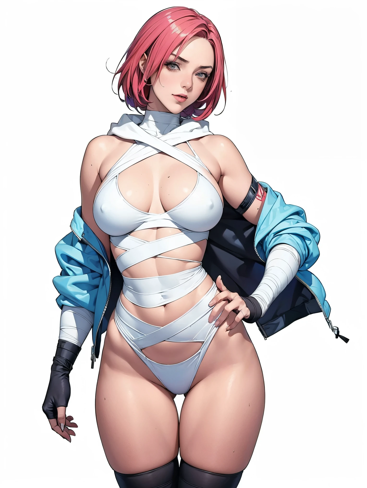 (((Annie Lennox))), (((colorful suit))), (scars), (((bandaged arms))), (((colorful clothes))) (( hood)), (((best quality: 1.4))), (Unbeatable masterpiece), (hyper HD),(CG 8k hyper-realistic), beautiful face, (((breasts big))), (((hyper feminine))), sexly girl, black tattoo,(ultra short red hair with white highlights)), ((( sculptural body ))), (((1 Kizi))), Kizi tatuada de 25 anos com perfect body,,Beautiful and well-groomed face,muscular body:1.2,solid color detailed jacket, (Head to thigh photos), Complex equipment, ,Tight clothes,With white stars and off-white es,,,,,Armor Metal Electronic Parts, Poison tattoos ) INFO, Kizi, (((standing alone))), , 24歳, sexy,e de attitude, work of art, dancing, ((slight smile)), post-apocalypse, (((manga style))), bounty hunter, the way you want, perfect body, roupa moderna, advanced technology, white, yellow accent, black, red accent, fur collar jacket, sleeves with vertical striped pn, background city, (( cowboy shot )). intricate visual, narrow waist, (((wide hips))), wide hips, fit thighs, (((thigh gap))), Thigh gap, background shows a futuristic airplane, open expression, expression happy