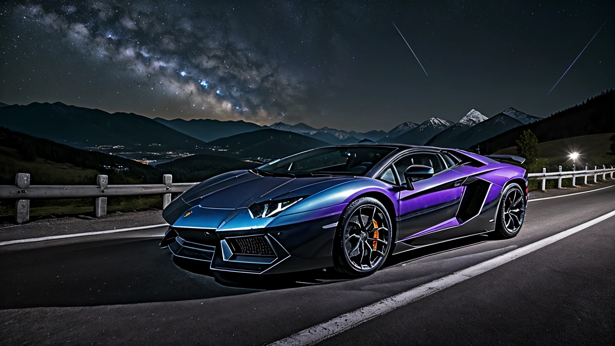 ((best quality)), ((masterpiece)), (detailed), lamborghini aventador drives a mountain pass at night. the LED headlights illuminated the street. the moon is reflected in the purple metallic paint and in the background you can see the milky way between the mountains. night sky, starsky, dark, ultra realistic