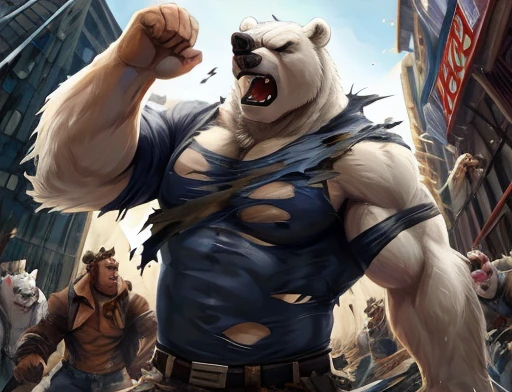 A frontal image of the moment of a polar bear attack on Expectador . The polar bear attacks the spectator with his binges, the bear is furious . Animal rage rage . He wears a very torn and torn leather blanket as primitive clothing.. He attacks , dynamic angle.