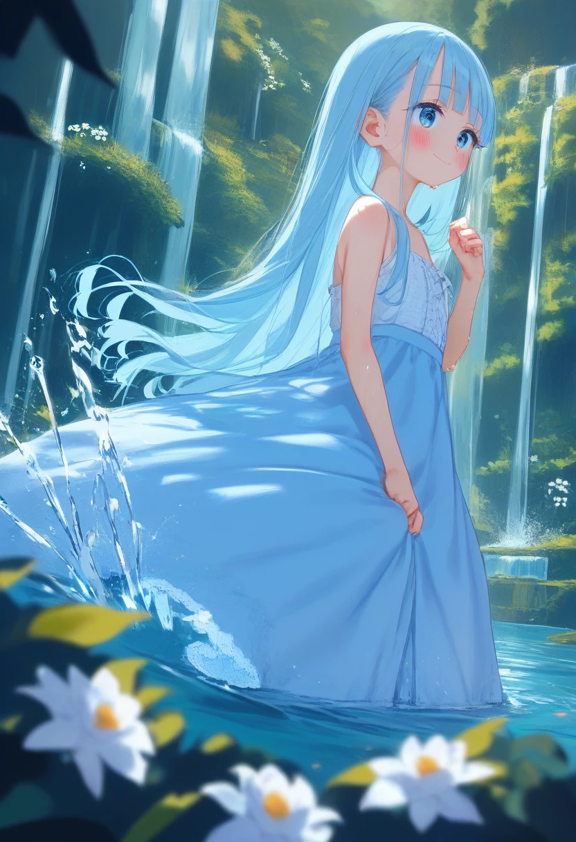 masterpiece, best quality, extremely detailed, (illustration, official art:1.1), 1 girl ,(((( light blue long hair)))), ,(((( light blue long hair)))),light blue hair, , long hair ((blush)) , cute face, masterpiece, best quality,(((((a very delicate and beautiful girl))))),Amazing,beautiful detailed eyes,blunt bangs((((little delicate girl)))),(((tareme))),droopy eyes.(true beautiful:1.2), sense of depth,dynamic angle,,,, affectionate smile, (true beautiful:1.2),,(tiny 1girl model:1.2),)(flat chest), pastel chiffon dress, cgsociety competition winner, Wet shirt effect, Water Effects. splashing water, squirting,,Long Ong water splashed all over the area.,  Beautiful lighting elements, Beautiful corner, Smooth Movement, Winning photos, cute picture, Powerful photos, backlit photography, backdrop is the atmosphere is like being in a fairytale forest., There is a beautiful waterfall., It was filled with small white flowers and several fireflies. Long shot	、Background with waterfall and water drops,Distant view	