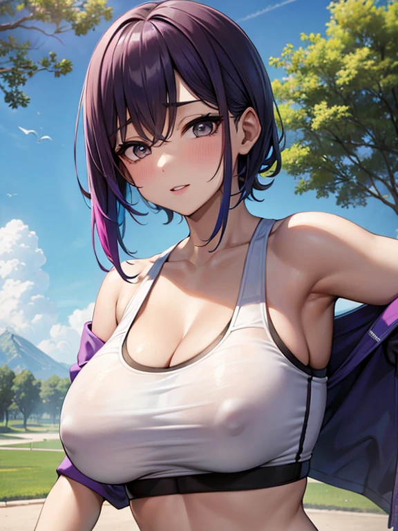 woman, cropped-fc, cleavage, sports bra, detailed face, colorful clothing, park, sky, trees