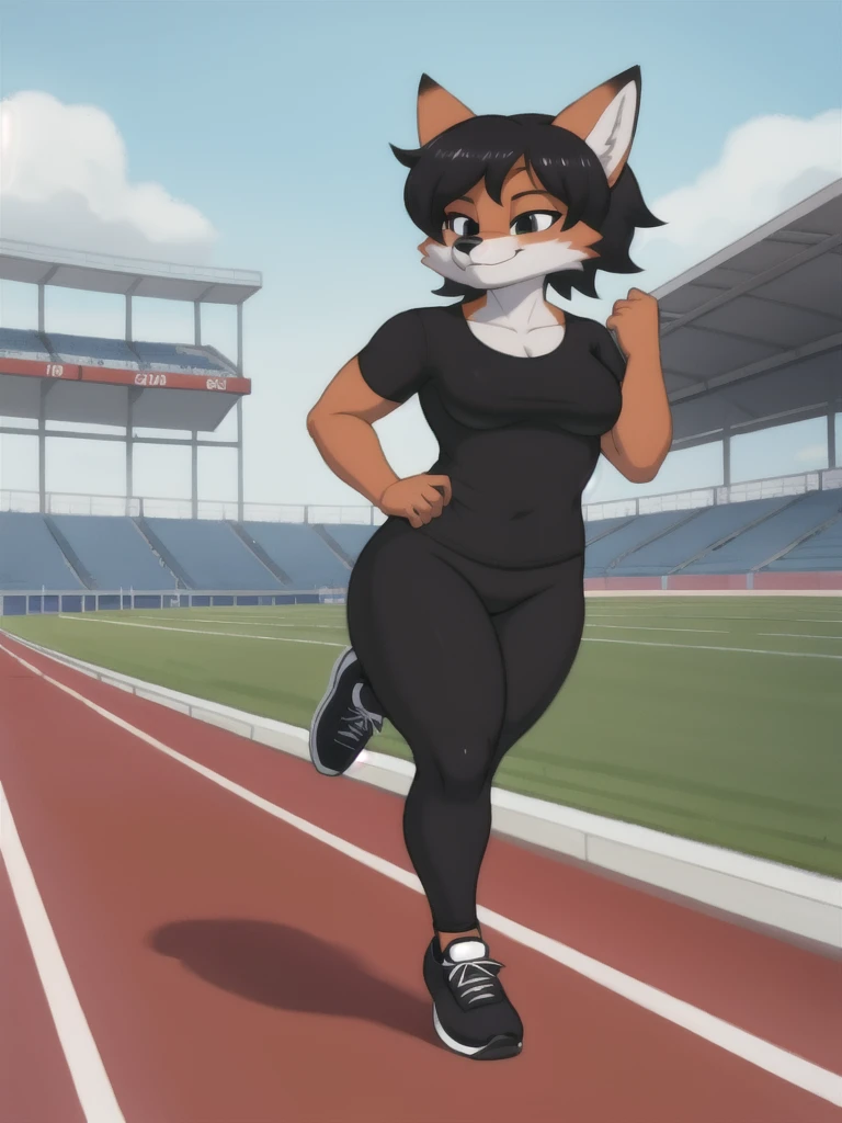 Furry, fox, female, black shirt, black leggings, shoes, running track, solo, full body