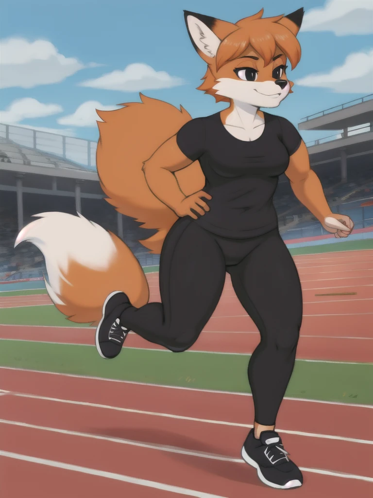 Furry, fox, female, black shirt, black leggings, shoes, running track, solo, full body