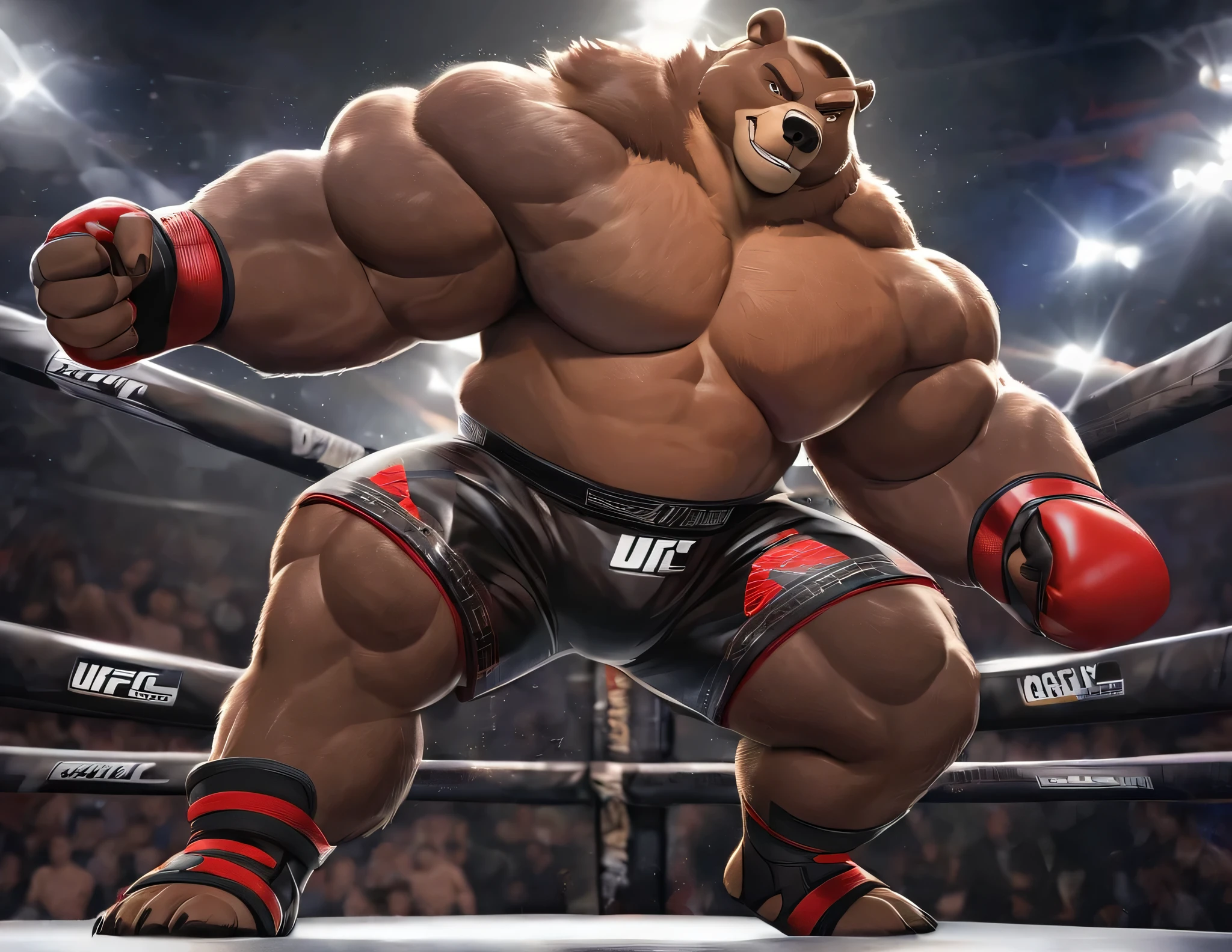 Solo, 1boy, A huge muscular grizzly bear at the UFC MMA Fighting Tournament, big smirk, grizzly bear, huge thick brown fur, thick arms, huge arms. Buzz cut, (huge thick muscular, huge pectoral, wide pectoral, thick arms, thick neck), bulky, bulking, hulking, correct anatomy, veins all over the body and neck, caged arena, fighting ring, realistic, 8k, masterpiece, added light brown eyebrows, detailed eyes with brown pupils, (wearing black mixed martial arts shorts with red slits, mixed martial art fingerless gloves with red pads, black toeless footwear and shirtless and topless), kicking techniques, uppercut punching movements. Champion