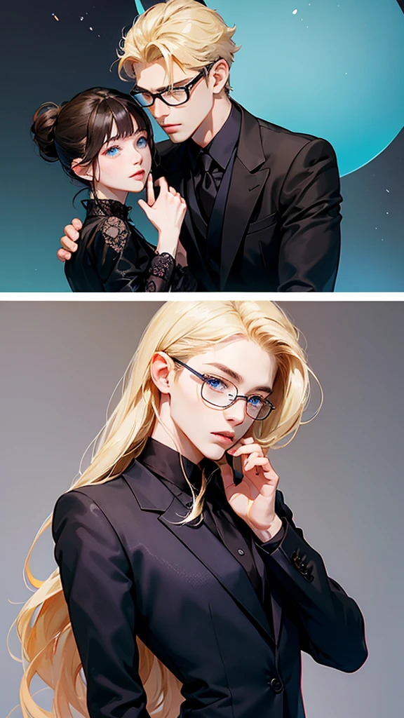 With anime style illustrations、A young man and woman couple appears。The man has blue eyes、Wearing a black suit jacket。The woman is blonde and wears glasses.、She's wearing soft pink clothes。The two of them pose intimately、The background has vibrant blue and pink tones that evoke a romantic atmosphere.。A woman grabs a man's jacket、It emphasizes the intimacy between the two。They're both in the same position、sit side by side。
