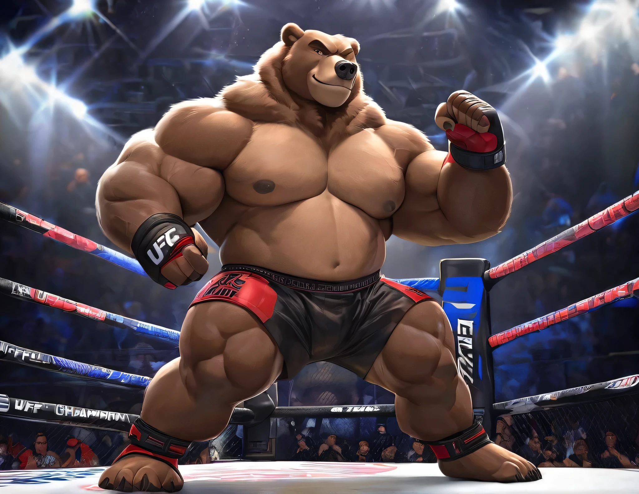 Solo, 1boy, A huge muscular grizzly bear at the UFC MMA Fighting Tournament, big smirk, grizzly bear, huge thick brown fur, thick arms, huge arms. Buzz cut, (huge thick muscular, huge pectoral, wide pectoral, thick arms, thick neck), bulky, bulking, hulking, correct anatomy, veins all over the body and neck, caged arena, fighting ring, realistic, 8k, masterpiece, added light brown eyebrows, detailed eyes with brown pupils, (wearing black mixed martial arts shorts with red slits, mixed martial art fingerless gloves with red pads, black toeless footwear and shirtless and topless), kicking techniques, uppercut punching movements. Champion