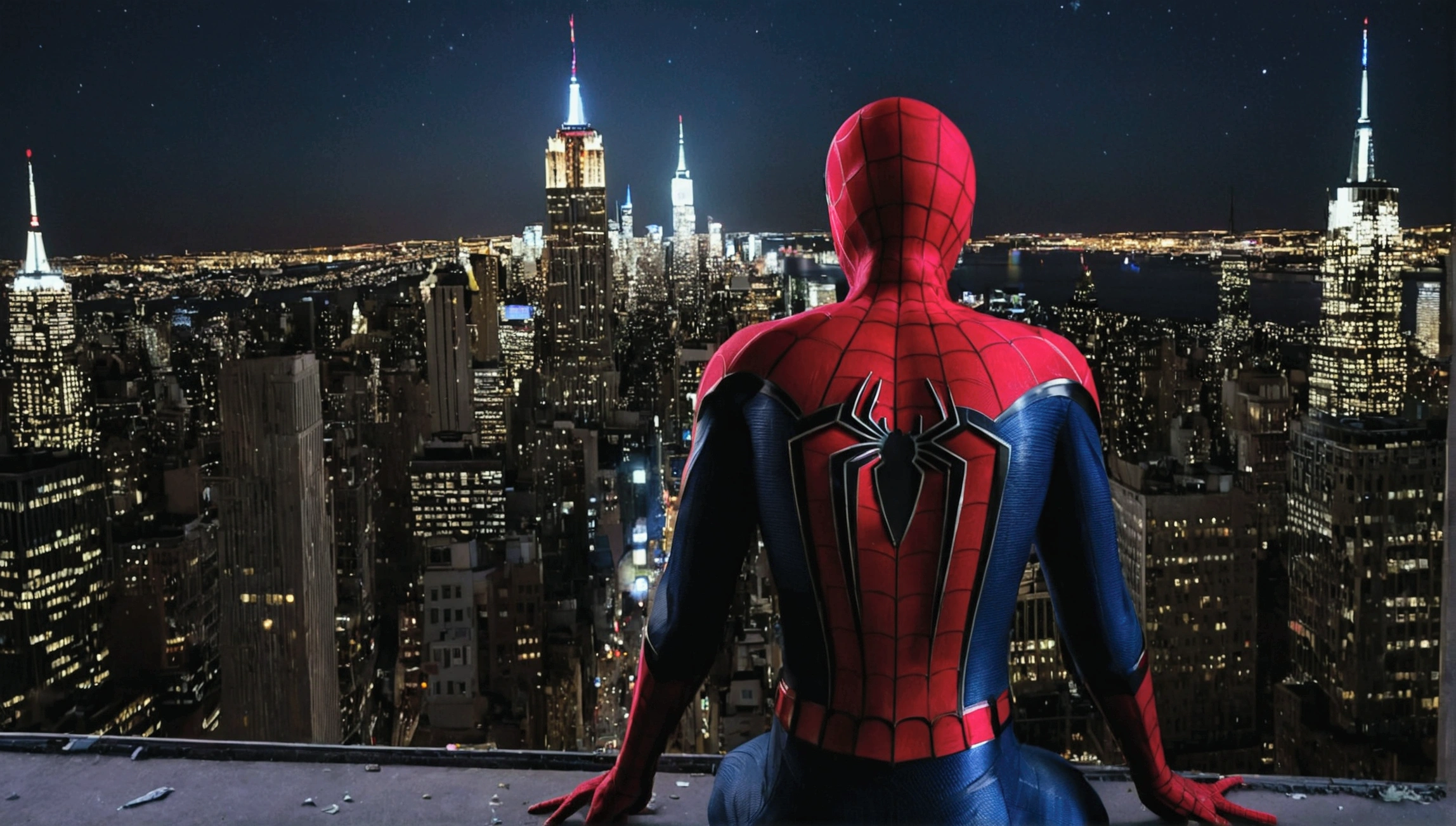 Image of Spiderman on New York City rooftops at night. The night sky is full of stars, And the city's skyscrapers are illuminated, Create a lively and interesting atmosphere, extremely realistic, (surrealism:1.1),(detailed:1.2). sitting on the rooftop. Spider-Man seen from behind. It looks pitiful. I'm exhausted. Mask and uniform are torn. Clothes are dirty after battle. I keep my head down a lot.. Only the back view is visible.