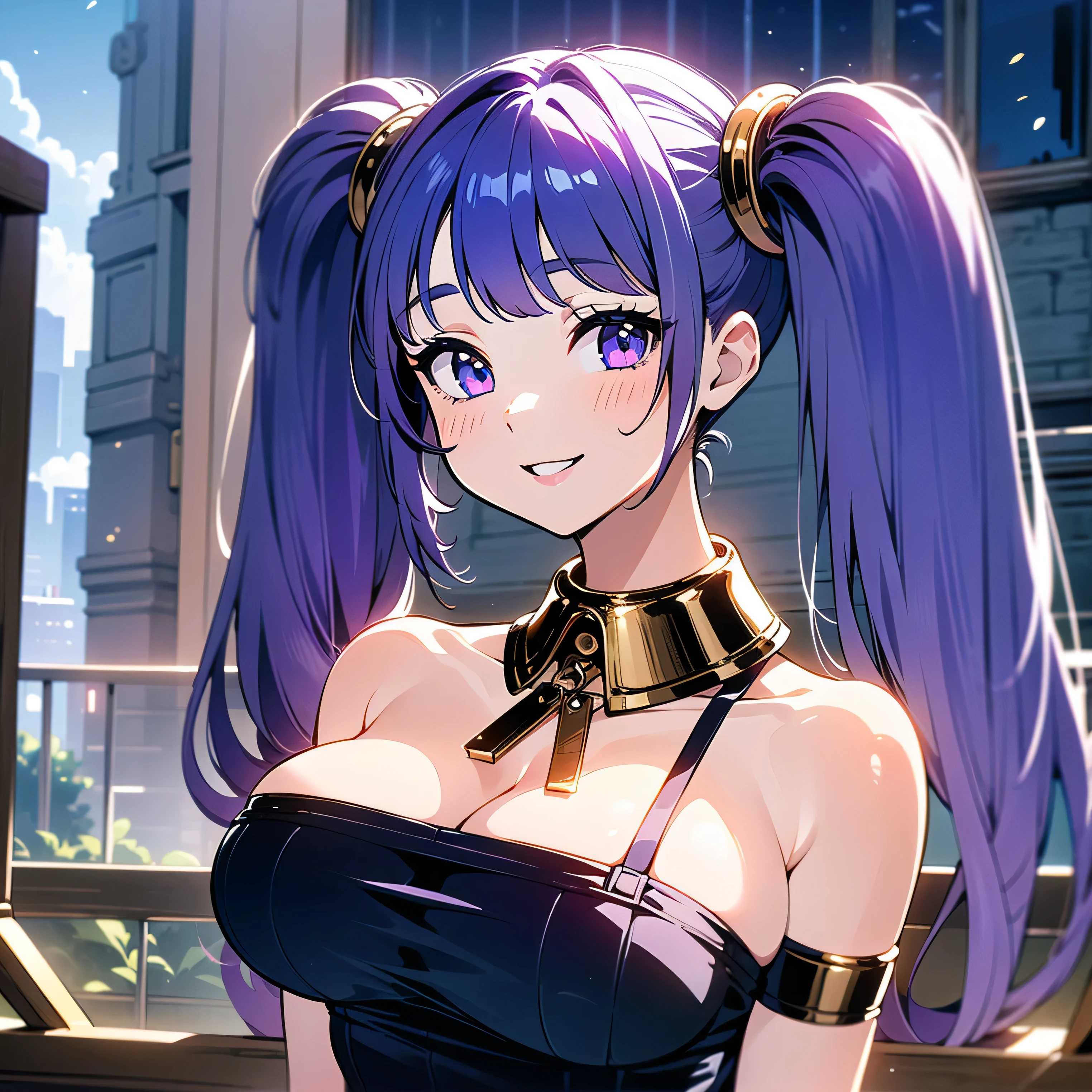 (masterpiece), (HDR), absurdres, (best quality), (ultra high quality), (hi-res), (1girl), (lavender eyes), beautiful detailed eyes, , (dark purple hair), bangs, short side locks, (((big thick twintails))), (long straight hair), (((two gold hair ties))), ((detached collar)), ((plunge neckline)), (medium breast), ((perky breasts)), (happy expression), smile with teeth, (looking at viewer), ((pinup)), posing, in the city, outside, buildings, daytime, sunlight on face, noon, bright sun, city scenery, birds, (((upper body))), ecchi