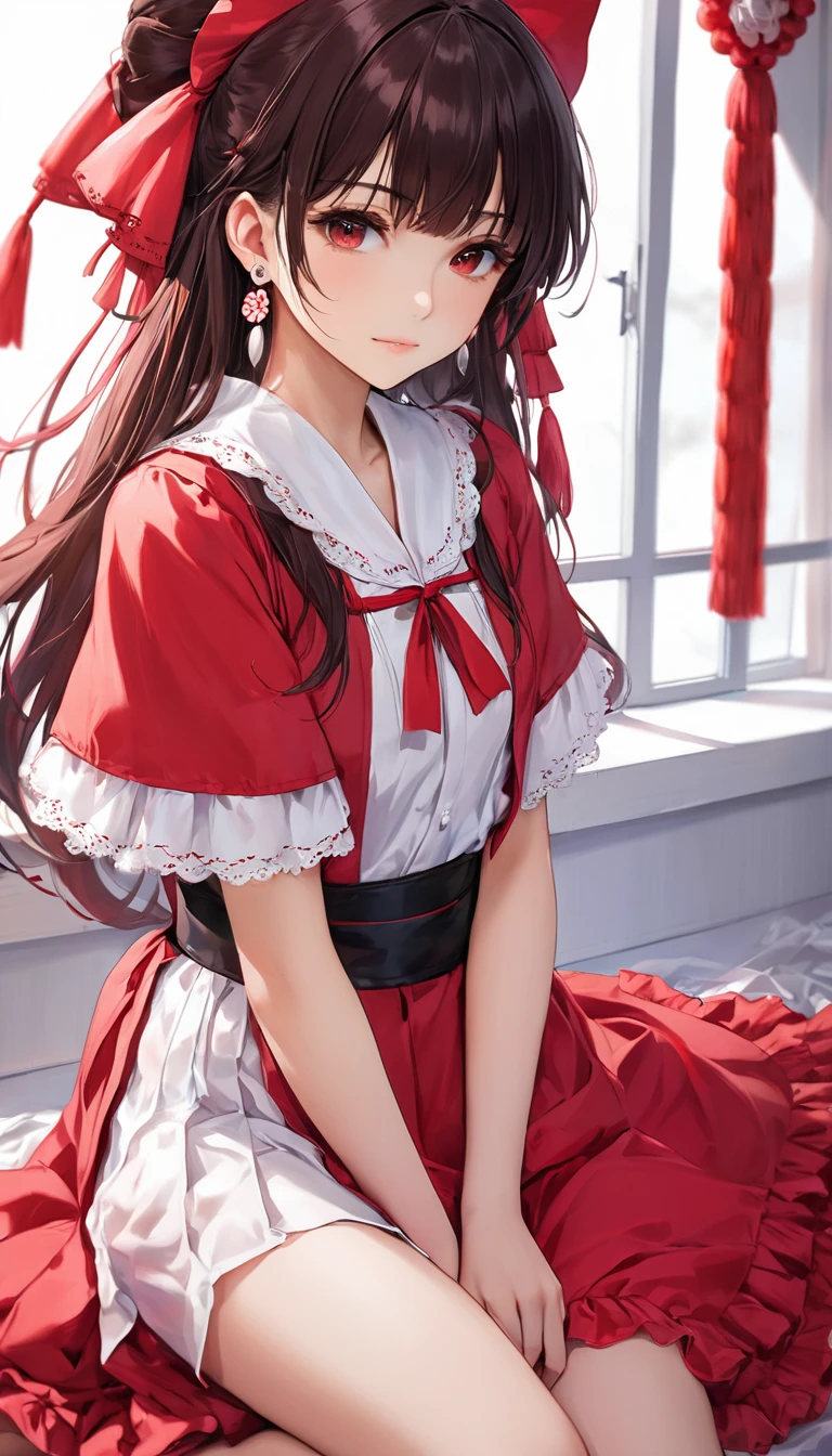 (masterpiece, Highest quality:1.2), One Girl, alone,Bony body、、Earrings、Reimu_it doesn't matter, Red dress, Shrine maiden, Shrine Background, One girl, masterpiece, Highest quality, Very detailed
