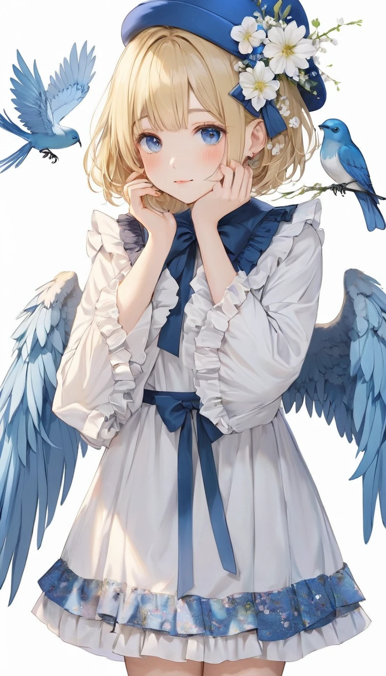 (masterpiece, Highest quality:1.2), One Girl, alone,Bony body、15 years old、detailed face, cute face, Uekura, One girl, Blonde Hair, White Background, Have, dress, Blue footwear, wing, Simple Background, sign, flower, Manicure, Wide sleeves, Long sleeve, blush, animal, white flower, alone, whole body, bird, View Viewer, High heels, Put your hand on your cheek, put your hand on your face, Frills, bow, bangs, ribbon, Bell, Blue hat, +_+, shoes, short hair, Grey Eyes, shoes, Blue Claws, feathered wing, blue bow
