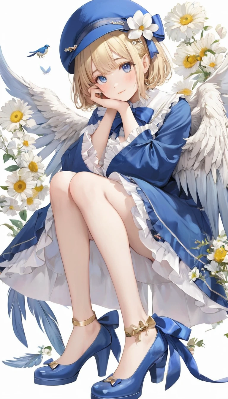 (masterpiece, Highest quality:1.2), One Girl, alone,Bony body、15 years old、detailed face, cute face, Uekura, One girl, Blonde Hair, White Background, Have, dress, Blue footwear, wing, Simple Background, sign, flower, Manicure, Wide sleeves, Long sleeve, blush, animal, white flower, alone, whole body, bird, View Viewer, High heels, Put your hand on your cheek, put your hand on your face, Frills, bow, bangs, ribbon, Bell, Blue hat, +_+, shoes, short hair, Grey Eyes, shoes, Blue Claws, feathered wing, blue bow
