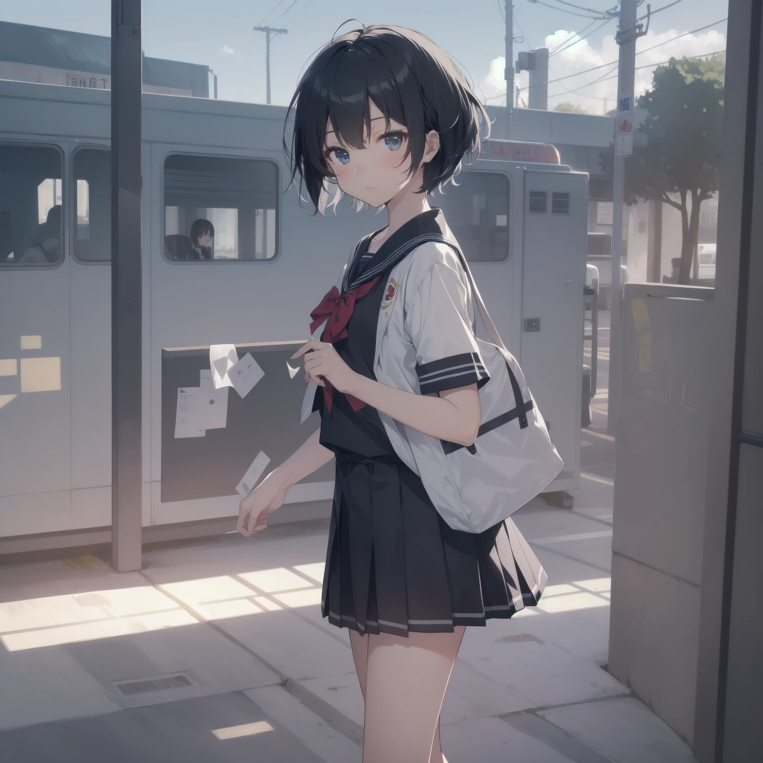 ultra-absurdres-Top quality by artist God, ultra-detailed, high resolution, anime moe artstyle, best anime 8k konachan wallpaper, pixiv contest winner, pool:2810, perfect anatomy,break, 1girl, (Please draw a girl walking sleepily to school alone. )break,(Solo,little female, 13-year-old:1.3),Full limbs, complete fingers,a junior high school student, (very short hair), short cut, flat chest, , small butt, small black eyes, beautiful detailed eyes, well-proportioned iris and pupils, expressive eyes, highres detailed hair, soft expression, salor school_uniform, sailor collar, serahuku, bow, pleated skirt,(Detailed Lighting), (Detailed background), in the School commute route. break,super detailed skin, Best cinematic lighting powered by famous artist, 8k,beauty illustration,photoshop_(medium),very aesthetic,break,((artist:nekotoufu )), artist:clamp ,artist:carnelian ,artist:kantoku ,