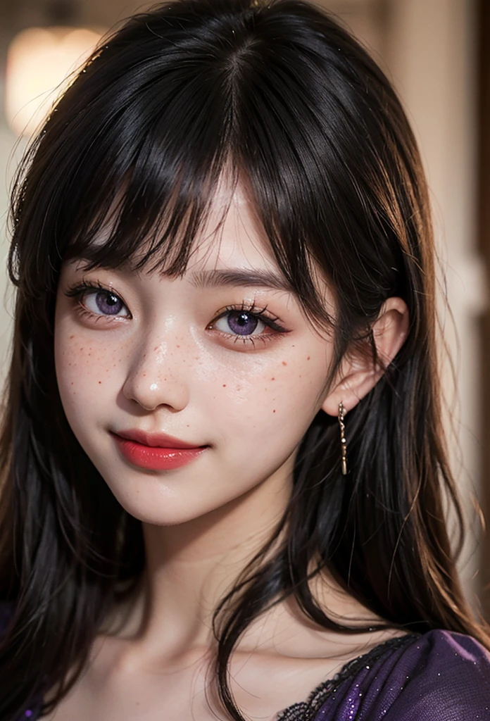 1 Girl, 19 years old, south korean, 4k, masterpiece, realistic, long whavy black hair with bangs, shining purple pupils, shining red lips, red eyeliners, purple elegant dress, freckles, big smug smile, closed mouth, bright colors, face close up, face focus.