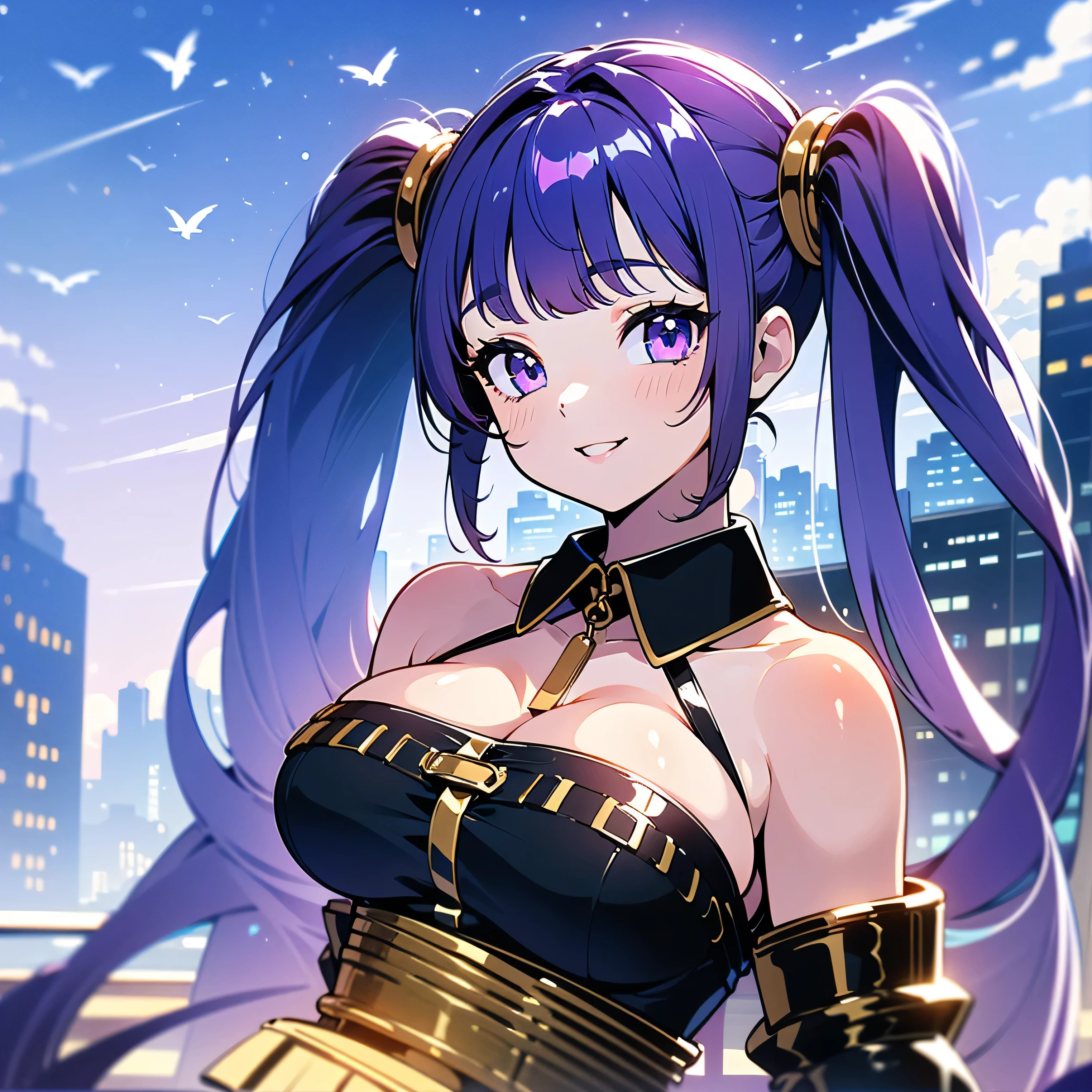 (masterpiece), (HDR), absurdres, (best quality), (ultra high quality), (hi-res), (1girl), (lavender eyes), beautiful detailed eyes, teen, (dark purple hair), bangs, short side locks, (((big thick twintails))), (long straight hair), (((two gold hair ties))), ((detached collar)), ((plunge neckline)), (medium breast), ((perky breasts)), (happy expression), smile with teeth, (looking at viewer), ((pinup)), posing, in the city, outside, buildings, daytime, sunlight on face, noon, bright sun, city scenery, birds, (((upper body))), ecchi