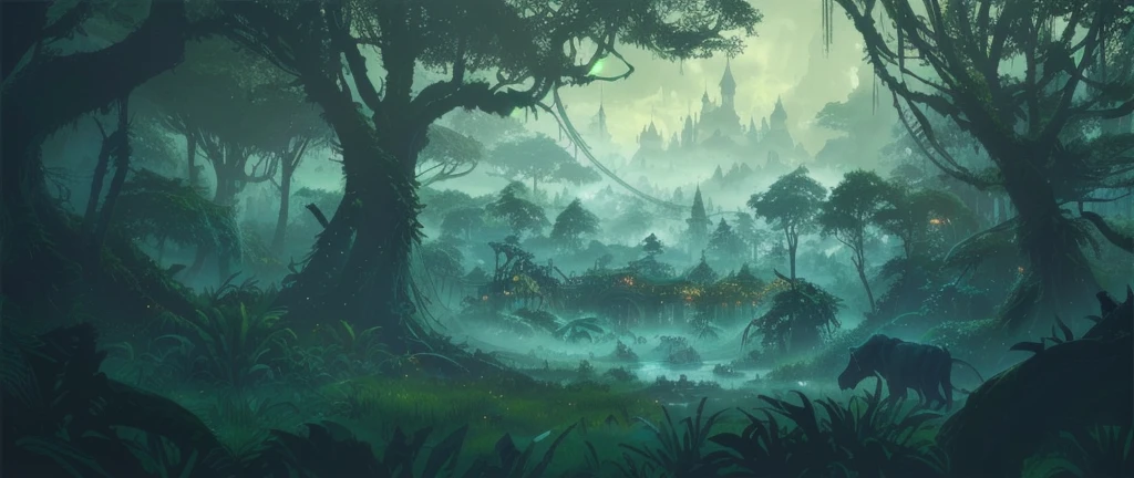 There is a painting,There is a forest in the painting,A castle in the background, background technologywork, Distant forest, Cyberpunk Forest, Environment Concept Art, The background is the Enchanted Forest, Concept Art Wallpaper 4K, Elf forest background, steampunk forest background, The Jungle Book landscape, background technology, Inspired by Andreas Rocha, Random Forest Landscape, The Jungle Book, Environment Concept Art, Vast forest
