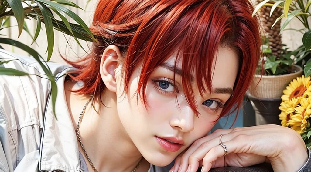 a guy with red hair and gray eyes