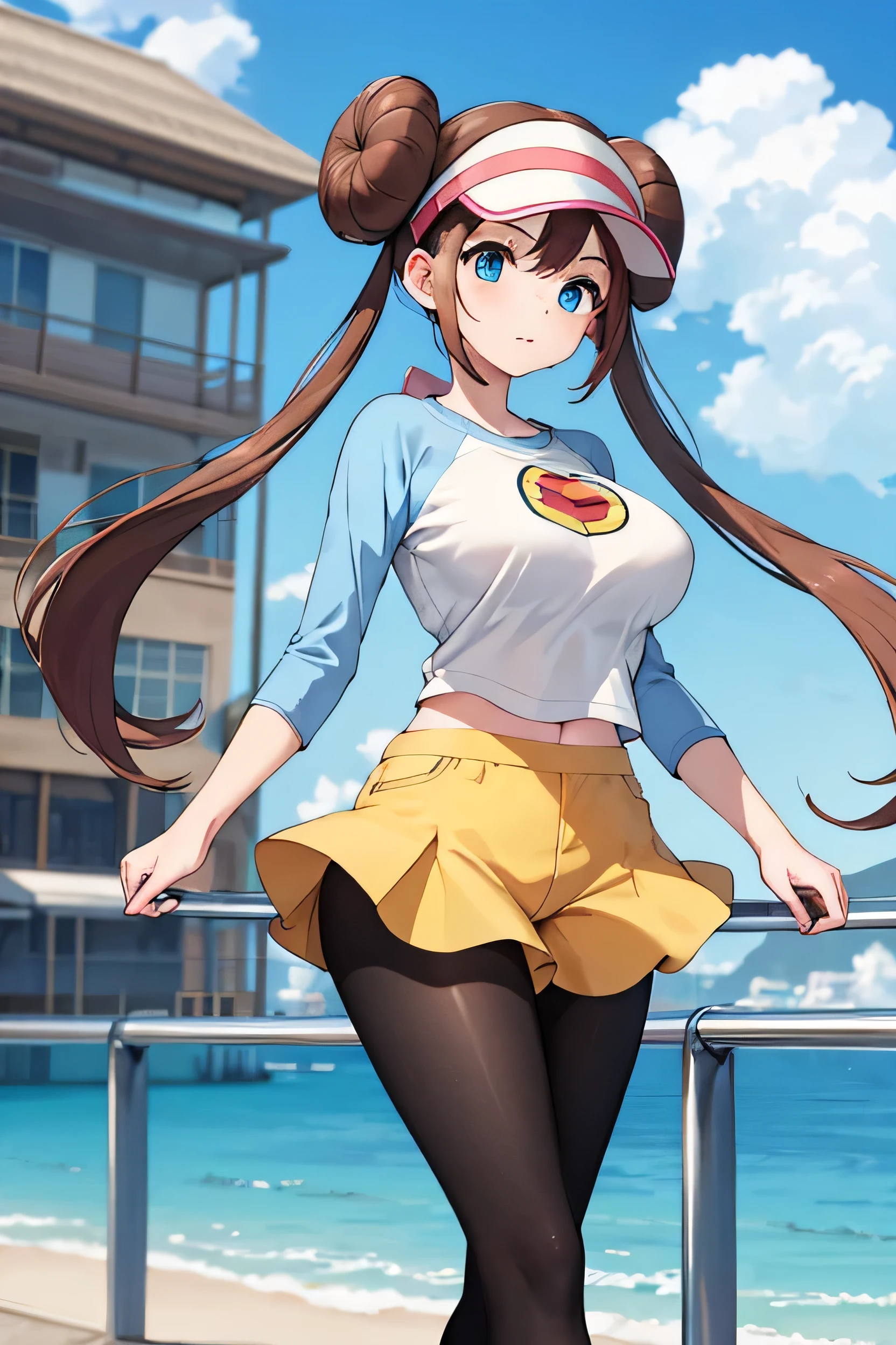 masterpiece, Highest quality, High resolution, B1 class, Hair Bun, blue eyes, Twin tails, Visor Cap, pantyhose, Raglan sleeves, Yellow shorts, shirt, Pink Ribbon, clock, whole body, Walking on the platform with a view of the sea and buildings, Blue sky with clouds, Daytime, Big Breasts,,(Female Solo)Super Resolution, Very detailed, High resolution, masterpiece, 8k hd