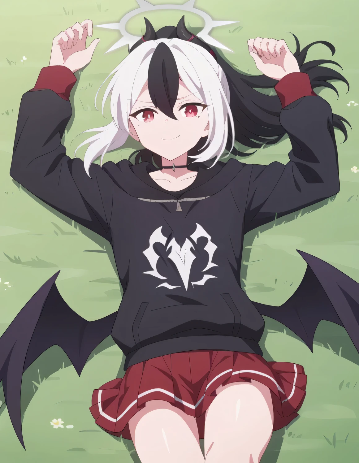 kayoko onikata, black hair, demon horns, hair between eyes, halo, horns, long hair, low wings, mole, mole on collarbone, multicolored hair, ponytail, red eyes, single wing, two-tone hair, white hair, wings, black ponytail, black hoodie, choker, hood, hoodie, pleated skirt, skirt, red skirt, shiny skin, high quality, solo, lying, on back, arms up, spread arms, closed mouth, on grass, looking at viewer, nervous, smile, best quality, full body, cowboy shot, best quality,