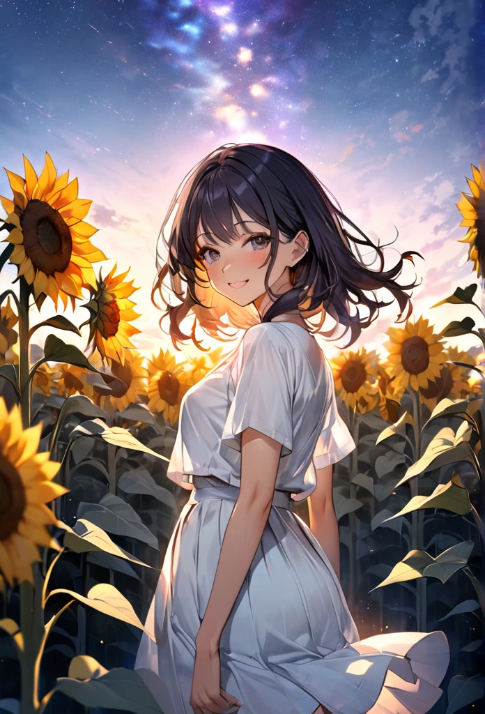 Highest quality　masterpiece　High resolution　masterpieceグレーアイズ　Low Twintails、casual summer outfit　、Sunflower field、flowerpunk、Sparkling light particles、Vivid gradient effect