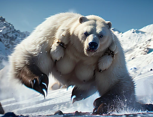 A frontal image of the moment of a polar bear attack on Expectador . The polar bear attacks the spectator with his binges, the bear is furious . Animal rage rage . He wears a very torn and torn leather blanket as primitive clothing.. He attacks , dynamic angle. Full body photography Full body photography. Different angles and camera positions throughout.