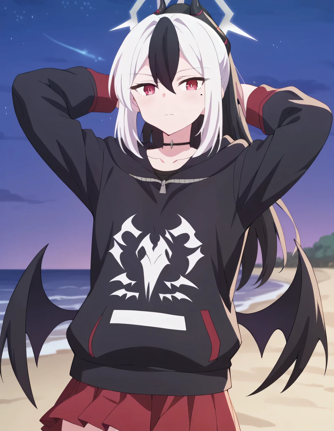kayoko onikata, black hair, demon horns, hair between eyes, halo, horns, long hair, low wings, mole, mole on collarbone, multicolored hair, ponytail, red eyes, single wing, two-tone hair, white hair, wings, black ponytail, black hoodie, choker, hood, hoodie, pleated skirt, skirt, red skirt, high quality, looking_at_viewer, closed mouth, solo, (cowboy shot:1.5), night sky, beach, arms behind head, contrapposto, spread armpits, looking at viewer, best quality, expressionless, blushing,
