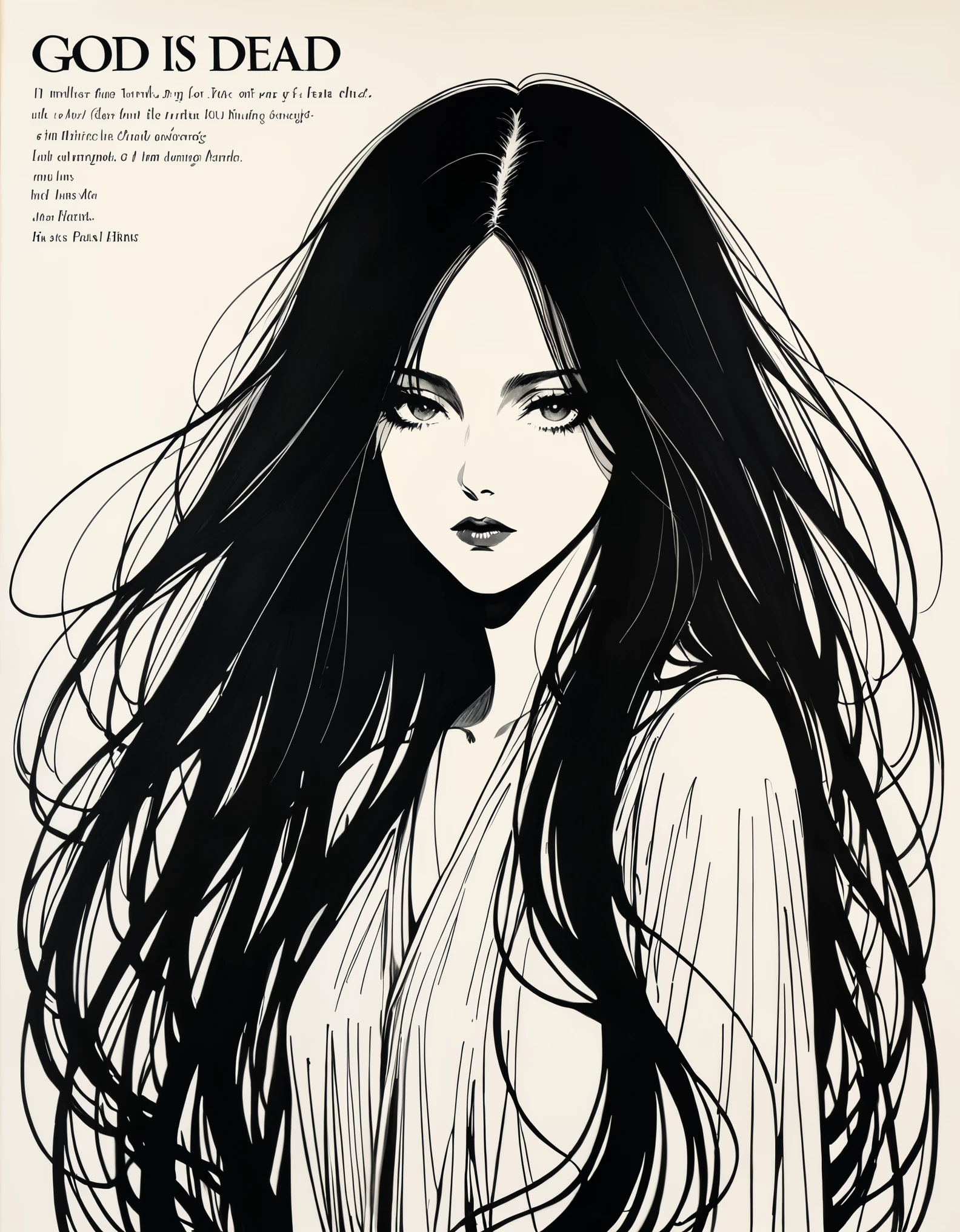 in style of Hans Hartung,in style of Henrietta Harris
1girl
{with the text:"GoD IS DEAD":1.4},captivating gaze,multi-directional long hair